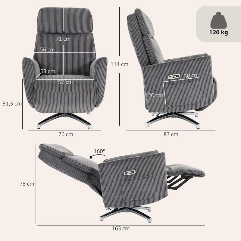 Poltrona relax elettrica girevole con doppio motore, poggiatesta regolabile e USB in poliestere grigio scuro