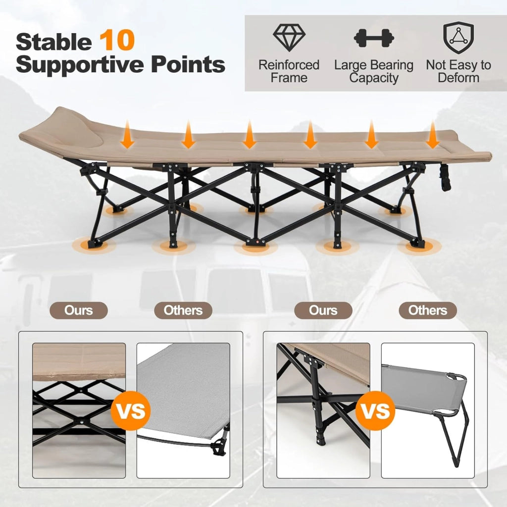 SOARS Lettino pieghevole da campeggio con cuscino integrato, letto pieghevole con tasca laterale e borsa per il trasporto, portata fino a 200 kg, per interni, esterni, 190 x 69 x 48,5 cm