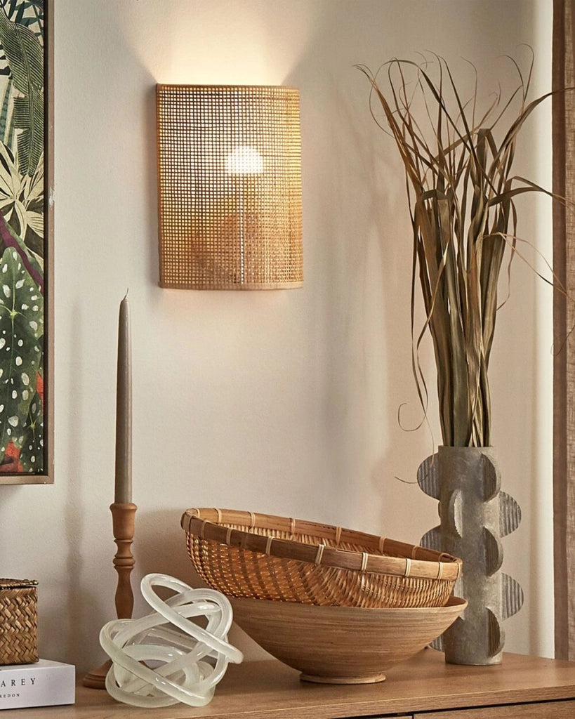 Lampada da parete in rattan naturale con paralume in stile boho soggiorno camera da letto