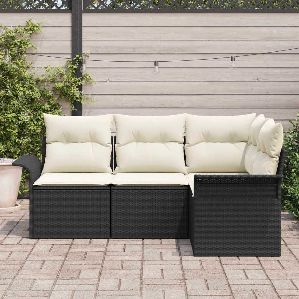 Set Divano da Giardino  4 Pezzi con Cuscini Polyrattan Nero