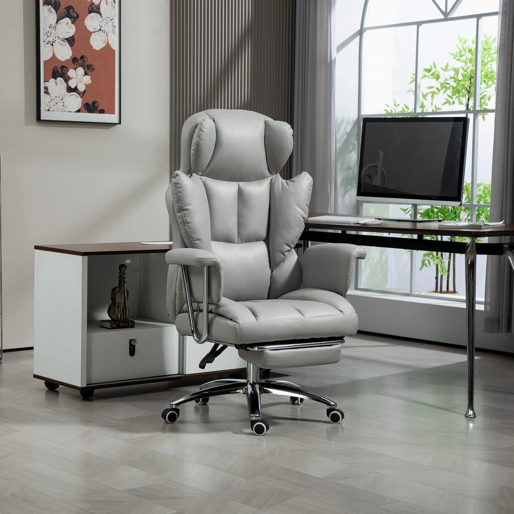 Sedia da ufficio ergonomica reclinabile con poggiapiedi e braccioli in schiuma grigio chiaro
