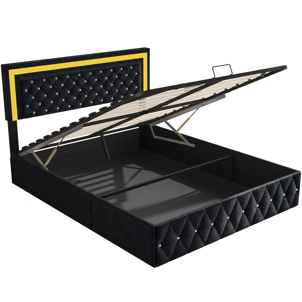 Letto con vano contenitore idraulico 160x200cm, rivestimento velluto nero, testiera trapuntata LED RGB controllabile da telecomando