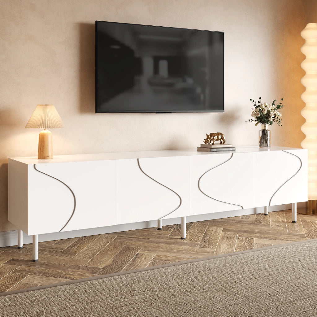Mobile porta TV con 4 ante e funzione push-to-open, per soggiorno, in PB e MDF, bianco, 170 × 35 × 50 cm