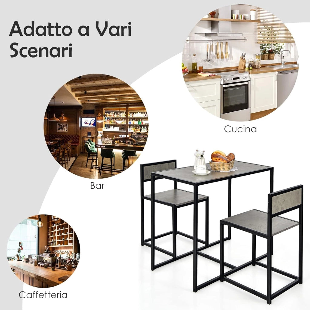 3 Pezzi Set Mobili da Pranzo, con Tavolo e 2 Sedie da Cucina, Struttura di Metallo e Legno, Rustico Elegante (Nero + Grigio)