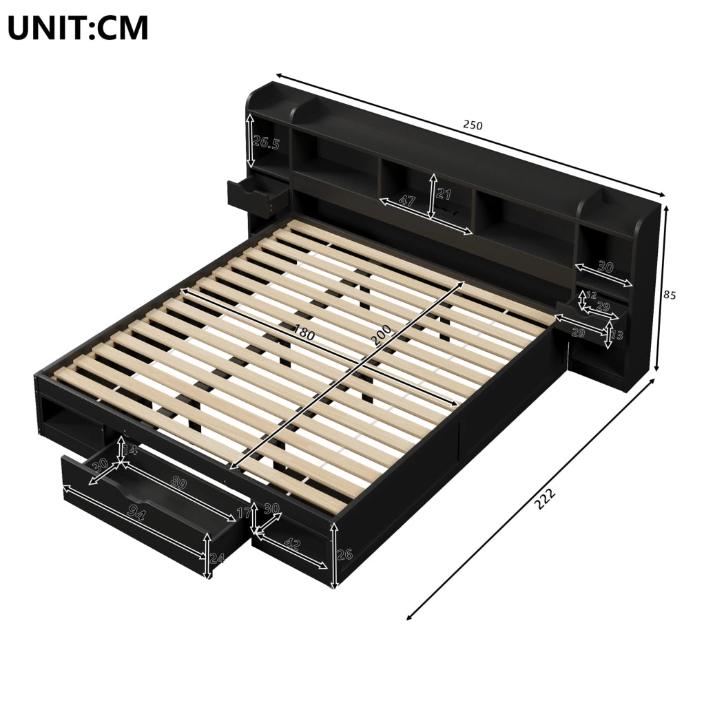 Letto matrimoniale 180x200 cm con LED, USB e cassetti nero