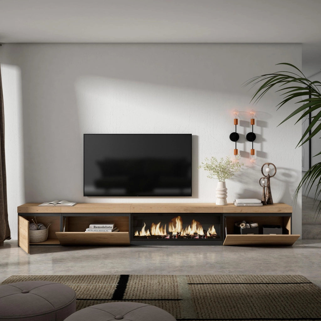 Mobile TV Soggiorno, 317x35x45cm, Camino elettrico XXL, colore Rovere RF3676
