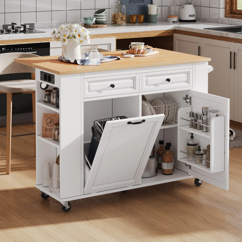 Isola Cucina Mobile con Piano Estensibile 120 cm; Porta Rifiuti; Prese USB; Ripiano Regolabile e Ruote