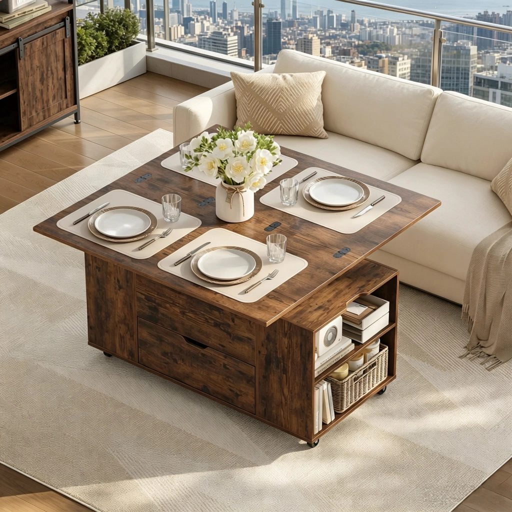 Tavolino basso sollevabile con ruote e 1 cassetto, vani aperti per soggiorno, marrone rustico, 50,5 × 100 × 53 cm