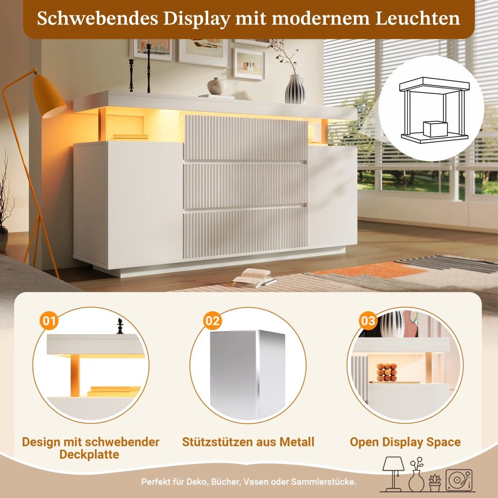 CREDENZA LED 150x40x78 cm Bianca in MDF e Metallo, 6 Cassetti e 2 Ante