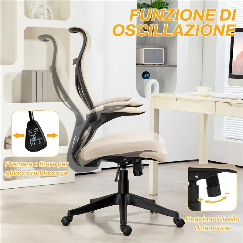 SEDIA DA UFFICIO CON BRACCIOLI RIBALTABILI ALTEZZA REGOLABILE E SCHIENALE INCLINABILE BEIGE