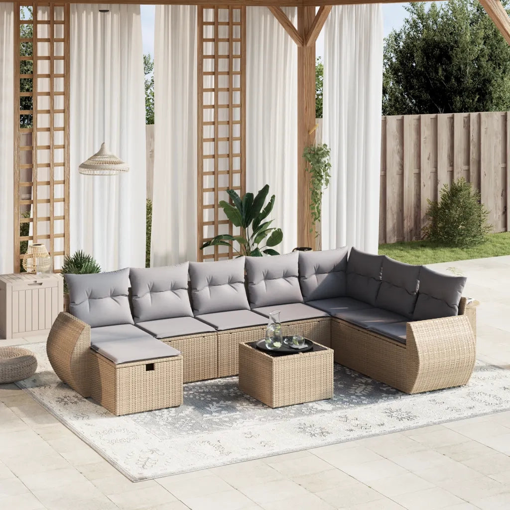 Set Divano da Giardino 9 pz con Cuscini Beige Misto Polyrattan