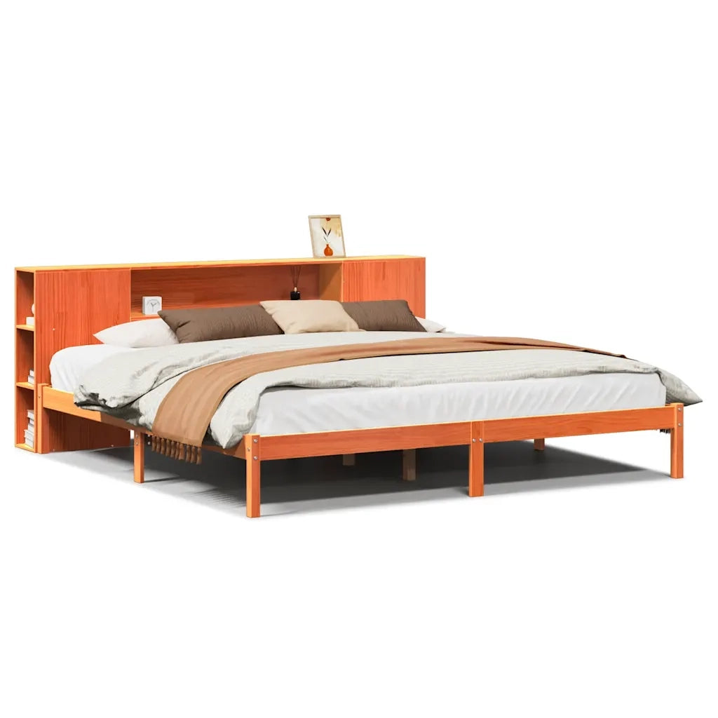 Letto Libreria senza Materasso-Struttura Letto con contenitore Marrone Cera 200x200 cm in Pino 909891