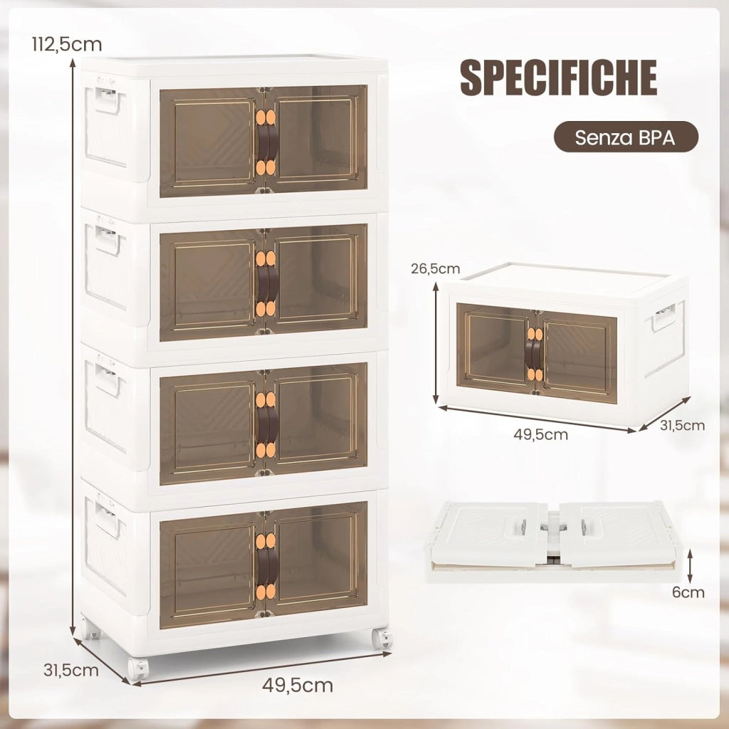 Set di Contenitori in PP, Contenitori Plastica con Coperchio, Scatola Portaoggetti Pieghevoli con Ruote, per Soggiorno, Camera da Letto, Cucina (L-Set di 4)