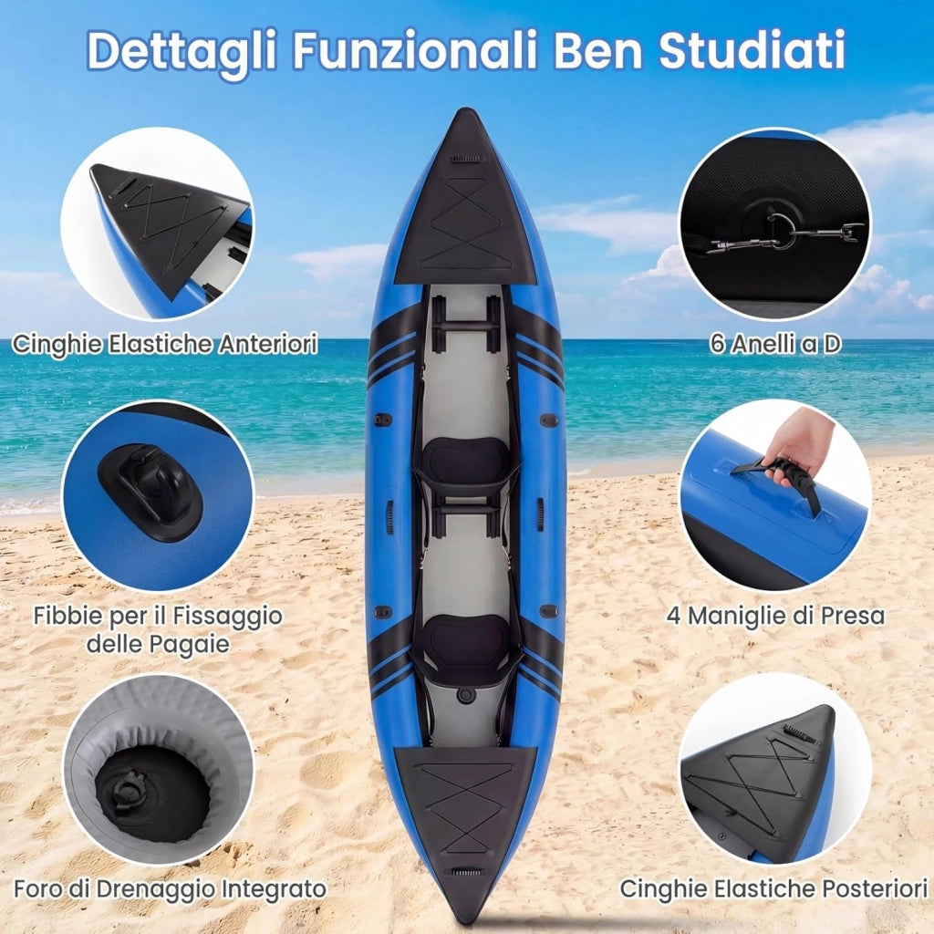 Kayak Gonfiabile 2 Posti, Kayak da Pesca Gonfiabile e Portatile 381 cm con 2 Sedili Imbottiti e Poggiapiedi Regolabili, Remi in Alluminio, Pompa a Mano, Ideale per Lago e Mare
