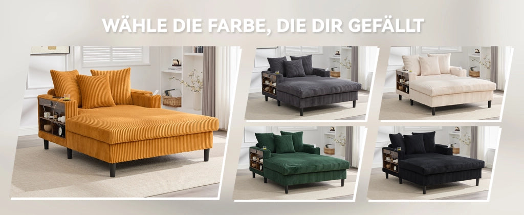 Chaiselongue in corduroy beige con portabicchieri, LED, vano portaoggetti e porta USB