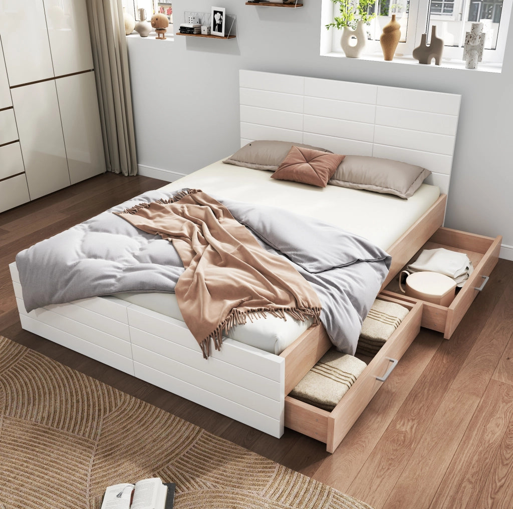 Letto matrimoniale 160x200 cm con 2 cassetti e rete a doghe; legno e MDF bianco e rovere chiaro