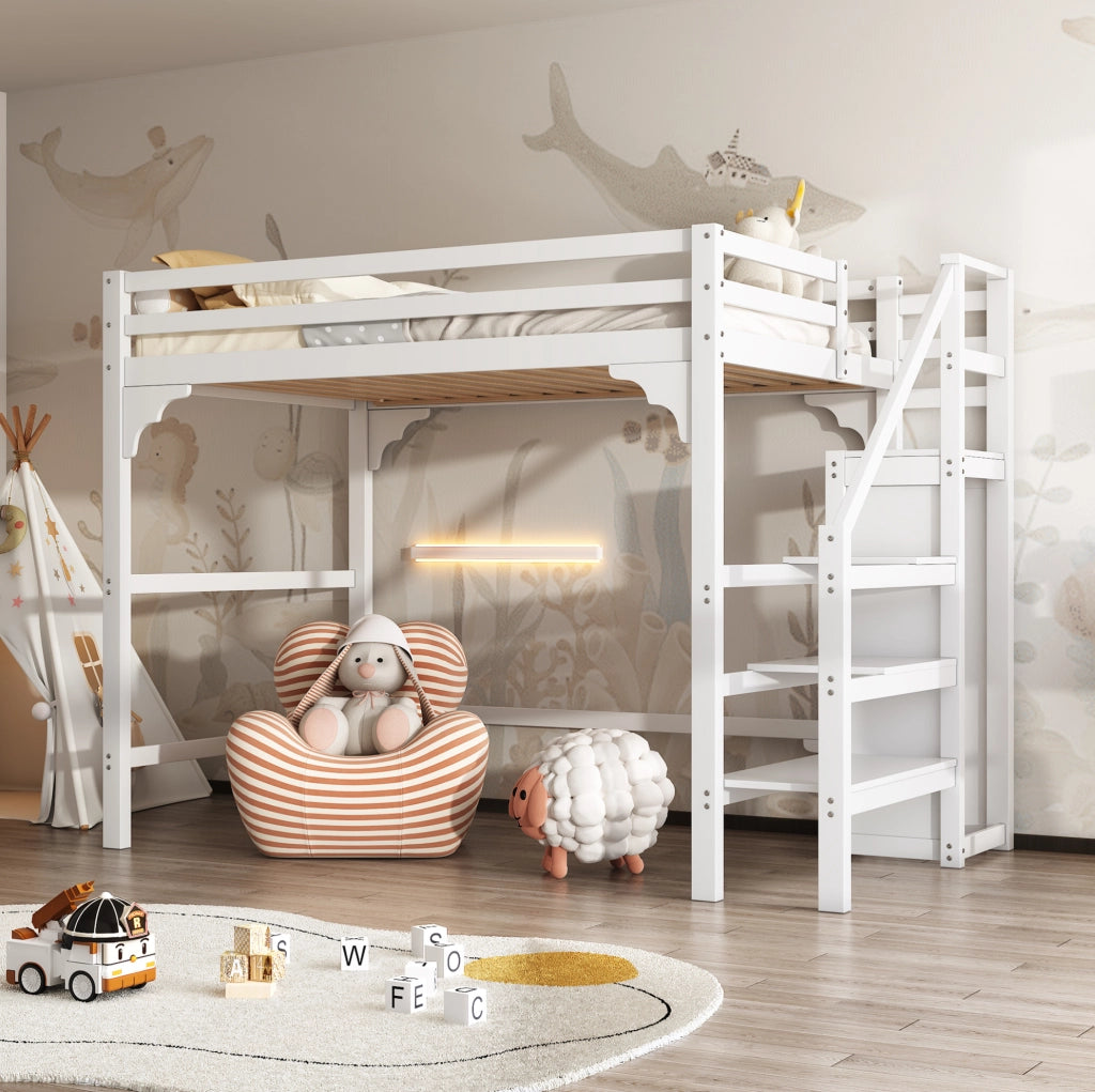 Letto a soppalco ULEVR 140x200 cm con armadio, scala contenitore e rete a doghe, bianco