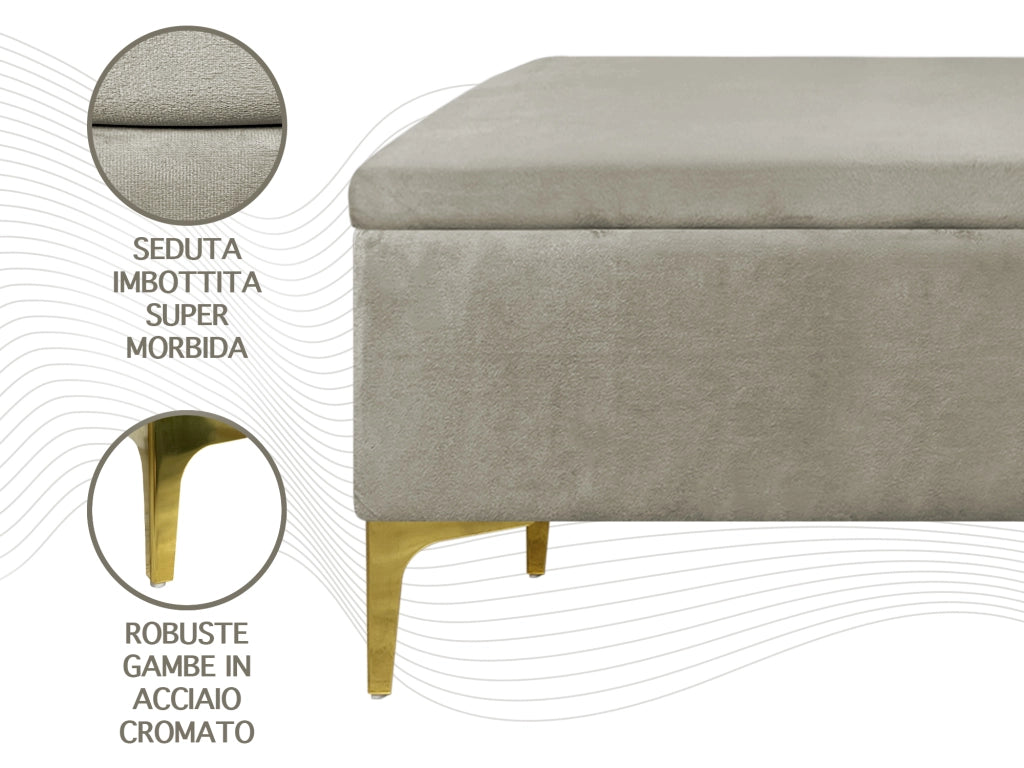 Pouf Panca Imbottita Divanetto In Velluto Contenitore PortaOggetti Panca Sgabello A Pie Di Letto Con Gambe In Metallo Dorato Cassapanca Ingresso Legno Massello Panchina  - Tortora