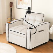 OKWISH Poltrona Letto Convertibile 3 in 1 con Schienale Regolabile Portabicchieri Supporto per Telefono Tasca Laterale Velluto Beige
