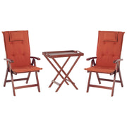 Set da bistrot da giardino in legno di acacia scuro con cuscini rossi tavolo da té 2 sedie pieghevoli resistenti ai raggi UV