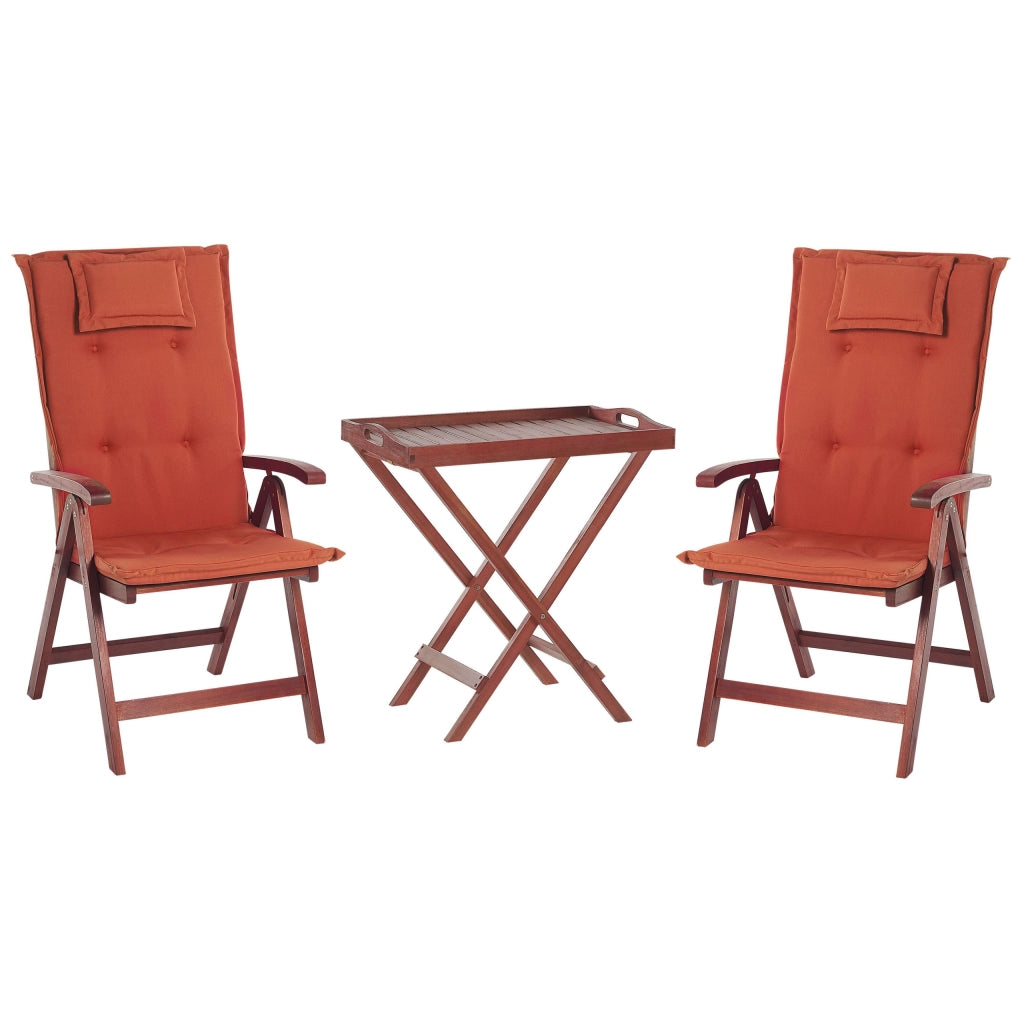 Set da bistrot da giardino in legno di acacia scuro con cuscini rossi tavolo da té 2 sedie pieghevoli resistenti ai raggi UV