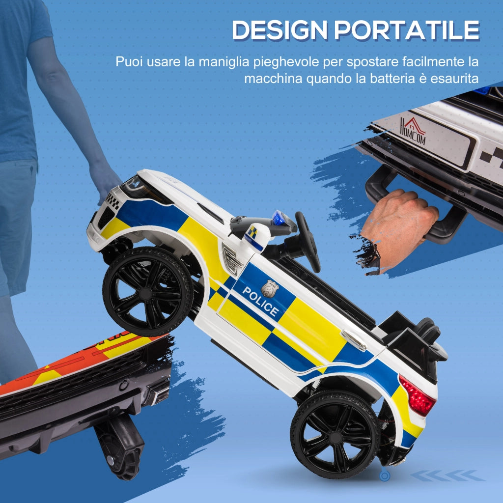 EasyComfort Macchina Elettrica per Bambini della Polizia, 12V Auto Elettrica per Bambini con Telecomando, Sirena Luci Attacco USB per Musica, 110x68x52cm, Bianco