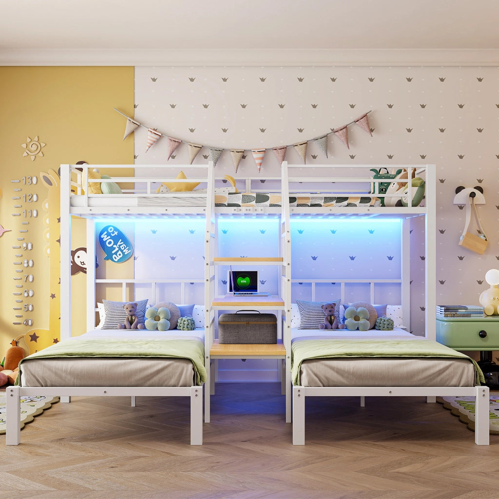 OKWISH Letto a Castello 90×200 cm, Letto 3 Posti con LED, USB, Presa, Scala Contenitore, Scrivania e Mensola, senza Materasso, Bianco