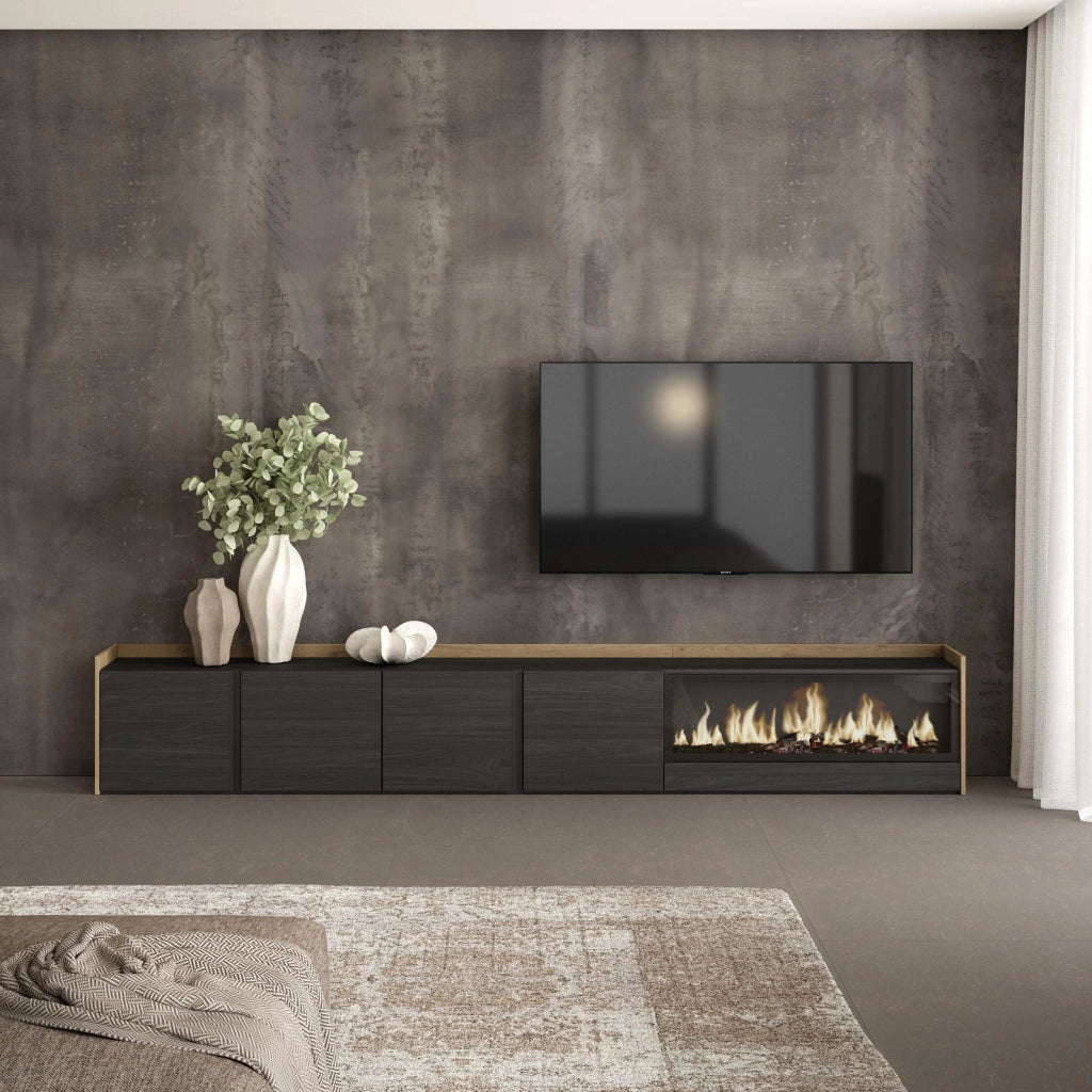 Mobile TV Soggiorno, 315x50x35 cm, Per TV fino a 80", Camino elettrico XXL, Nero e rovere