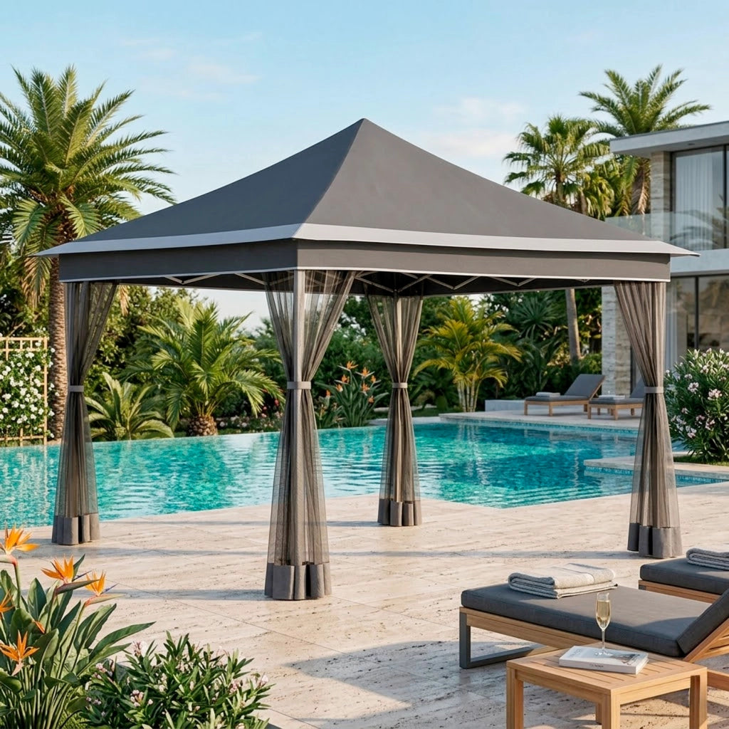Gazebo Pieghevole Da Giardino Con Teli Zanzariera Laterali Copertura Oxford UV50+ Telaio Regolabile Pop Up Con Borsa Trasporto Outdoor 360 x 360 x 310 Cm Grigio Scuro