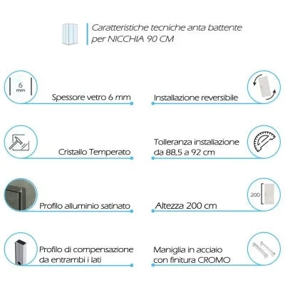 Porta doccia nicchia 90 cm a battente con vetro in cristallo trasparente Ted