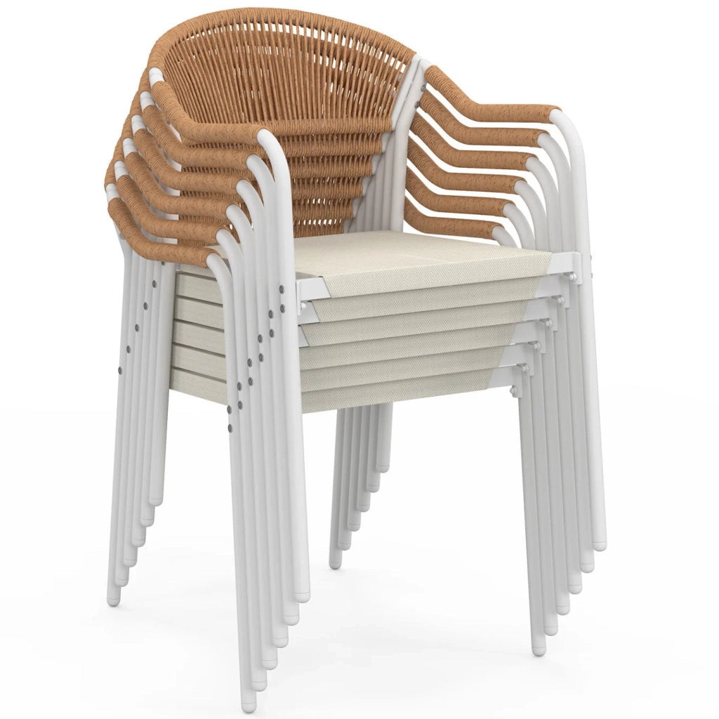 IDMarket - Set di 6 sedie da giardino MADEIRA in metallo bianco con cordoncino in textilene beige e rattan chiaro