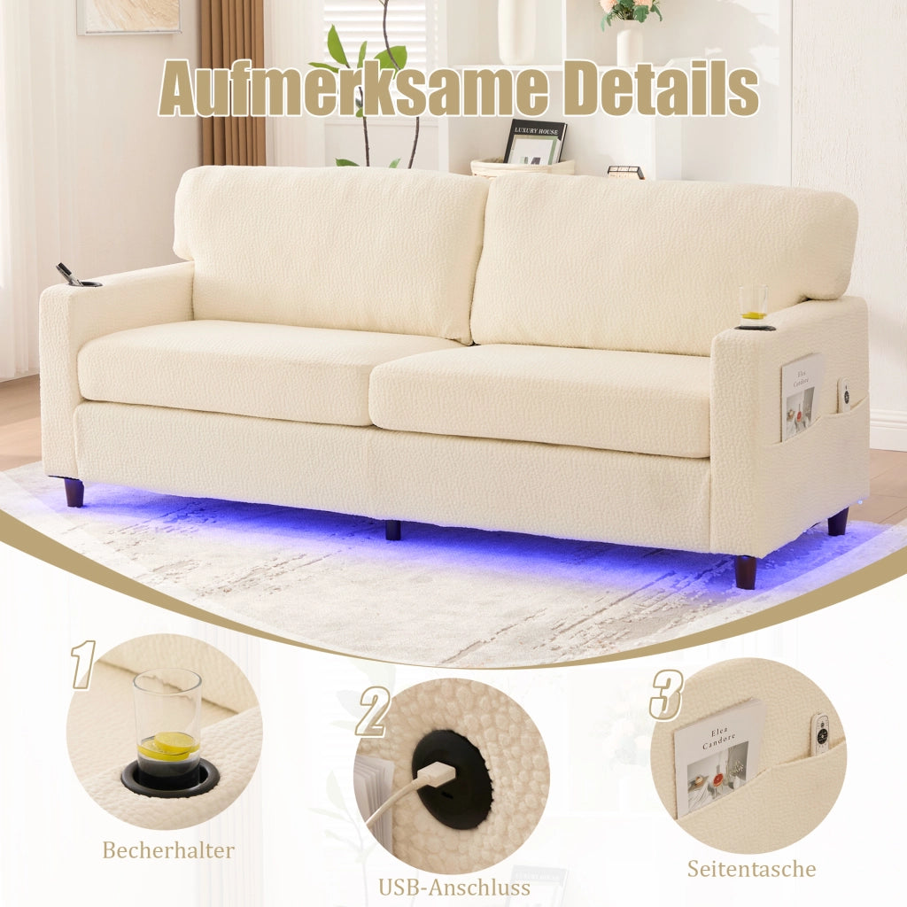 DIVANO 2 posti 203 cm Chenille beige con USB-C, LED, tasche e portabicchieri