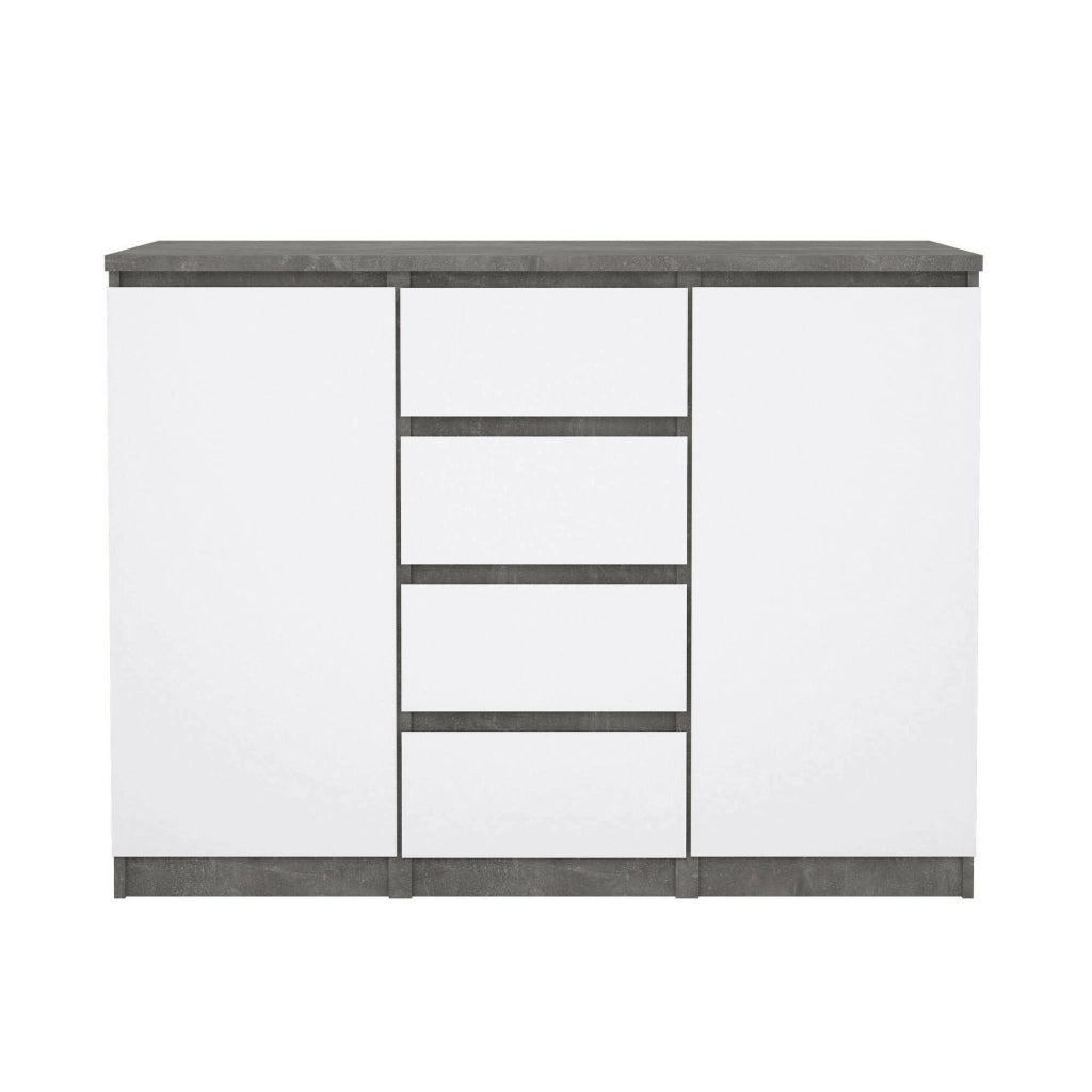 Credenza Angelika, Buffet da soggiorno, Madia da salotto, Dispensa da cucina, 121x50 h91 cm, Cemento e Bianco lucido