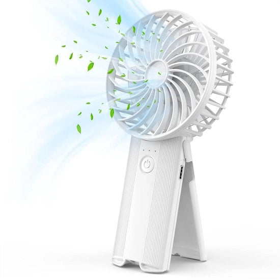 Ventilatore Portatile a Mano con Lunga Durata della Batteria - Ventilatore Personale da Viaggio con Piede Pieghevole - 4 Livelli Regolabili - per Campeggio Fuori Casa Ufficio Casa - Bianco
