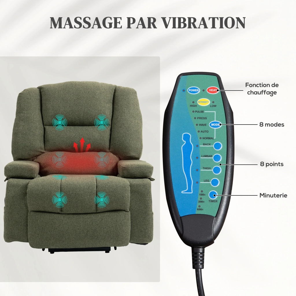 Poltrona relax elettrica alzapersona ¨C Xylo ¨C massaggiante con riscaldamento, reclinabile, poggiapiedi, verde