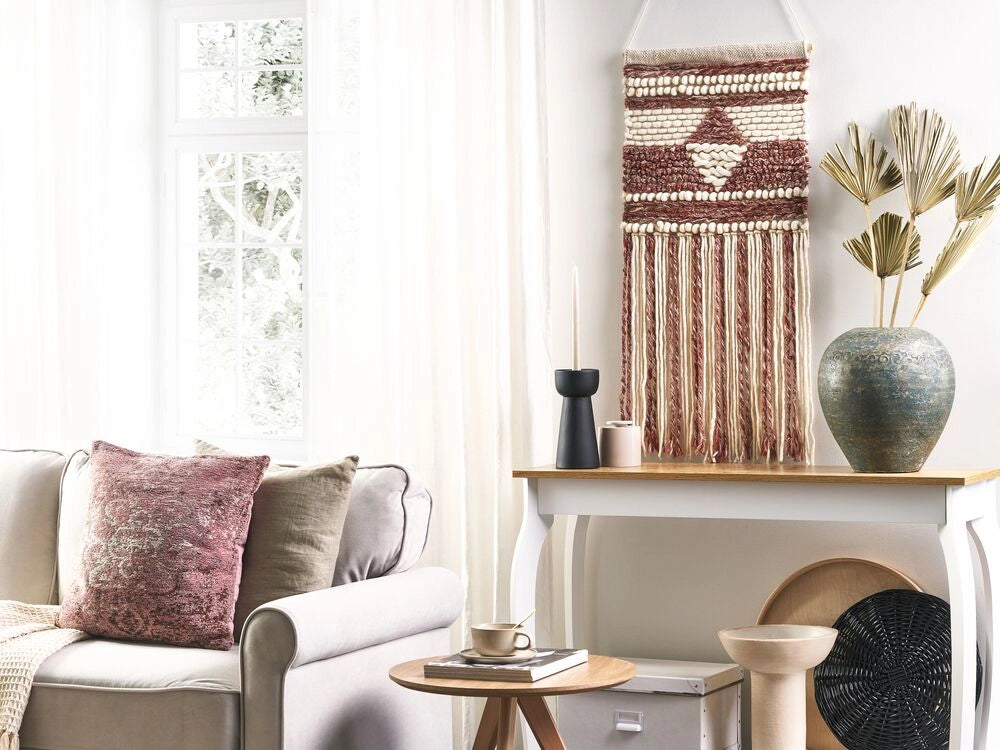 Decorazione da parete lana rossa e beige nappa fatta a mano arte da parete motivo geometrico boho per soggiorno camera da letto