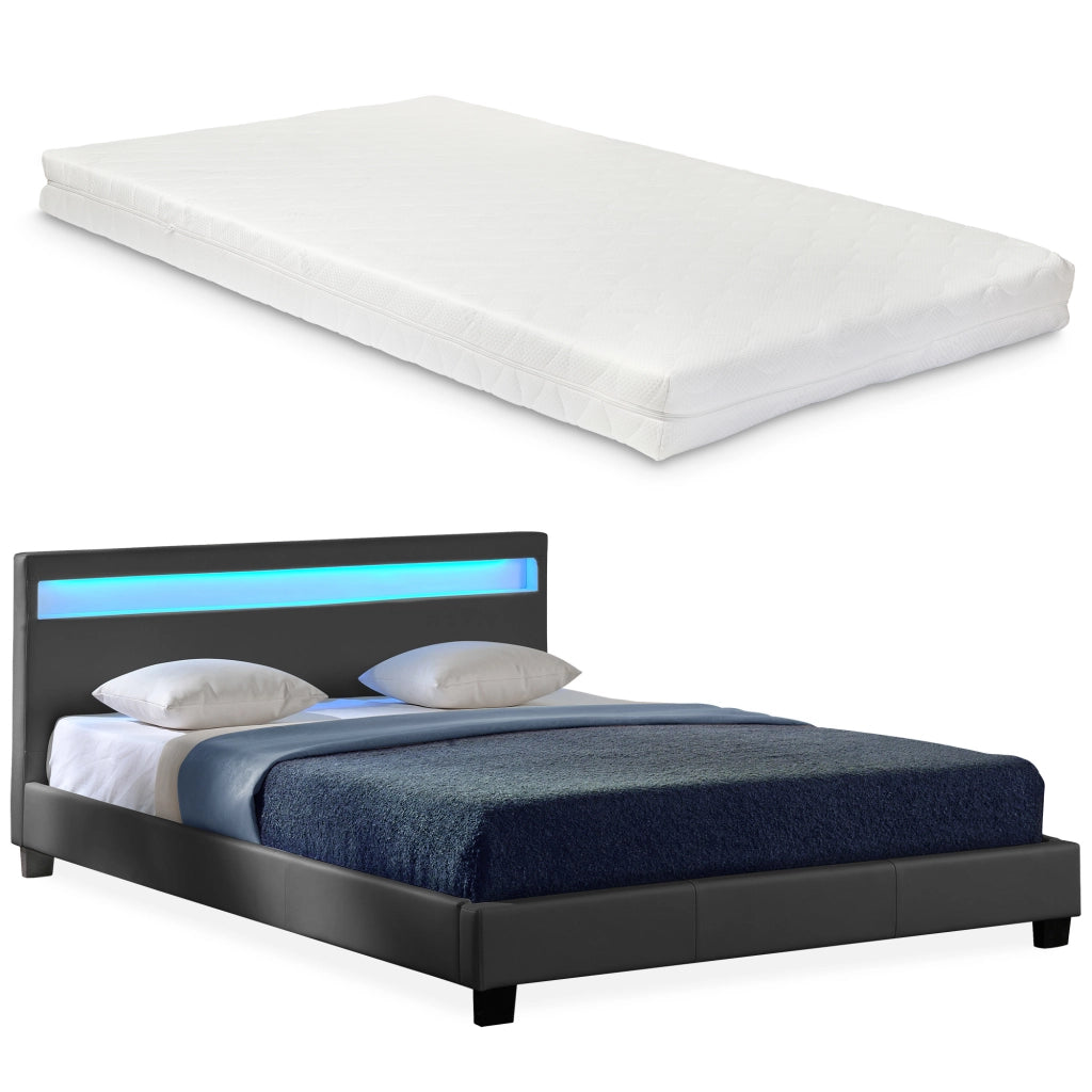 Letto Francese con Materasso 140x200 cm Testiera Alta con Illuminazione a LED Similpelle - Grigio Scuro Corium