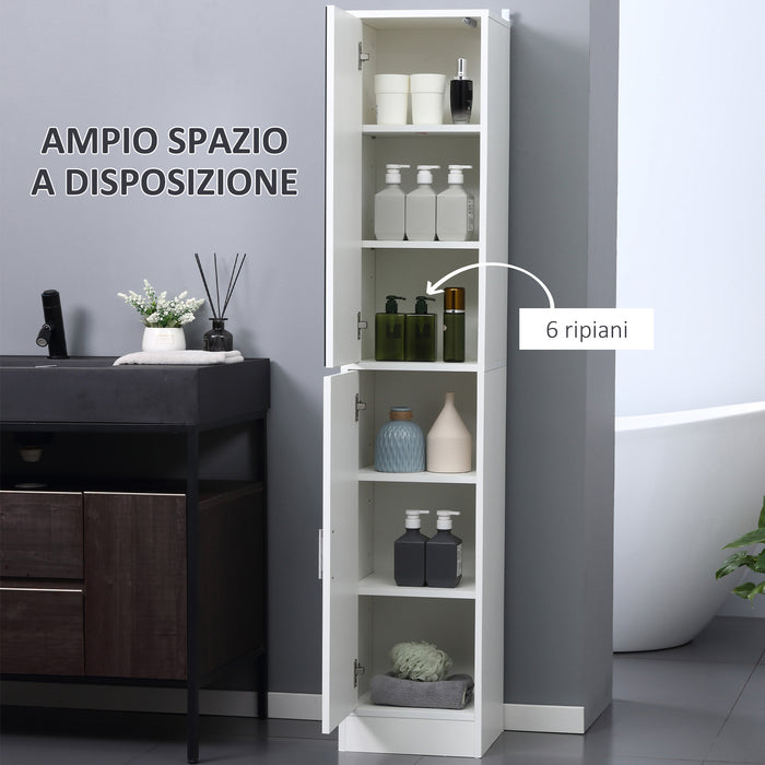 Mobile a Colonna Bagno 32x28x162 cm con Anta Superiore a Specchio Rivestimento in Melamina Bianco