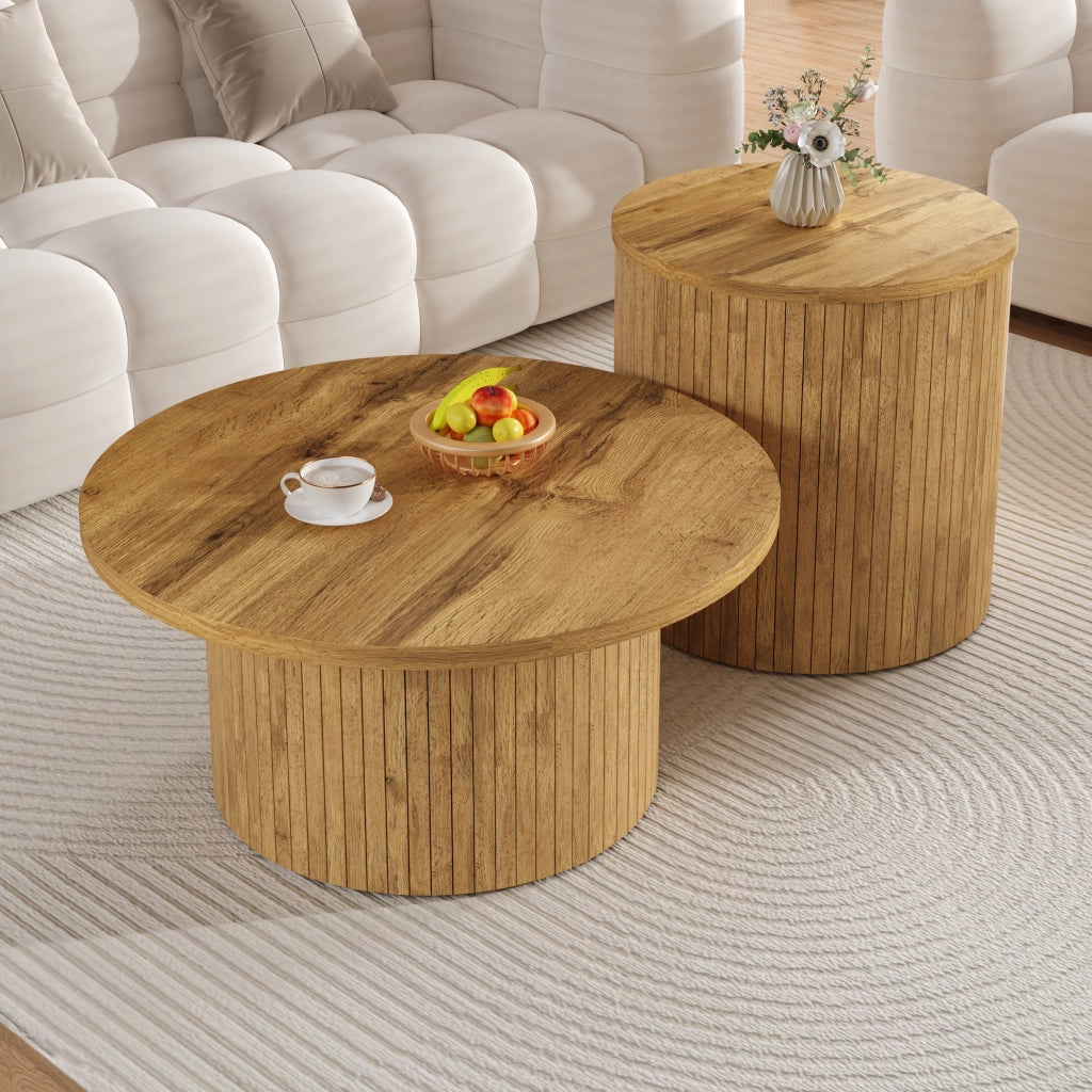 TAVOLINO da caffè rotondo Set da 2 pezzi MDF naturale 75x75x36+50x50x50,5 cm