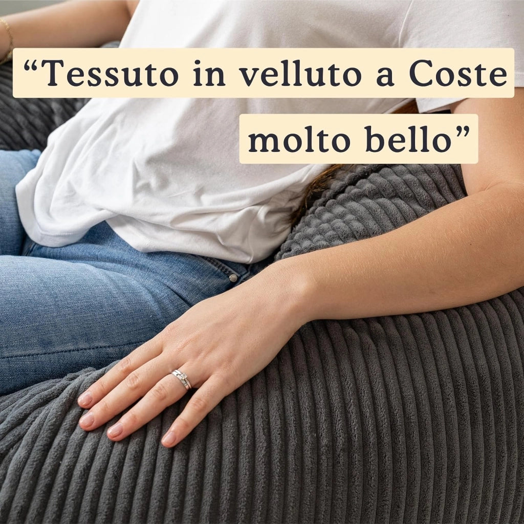 Pouf Poltrona Sacco in Velluto a Coste Larghe - Imbottitura in Schiuma, Morbido - Fodera Lavabile - Facile da Trasportare, Per Bambini e Adolescenti (105x85 cm, Grigio Scuro)