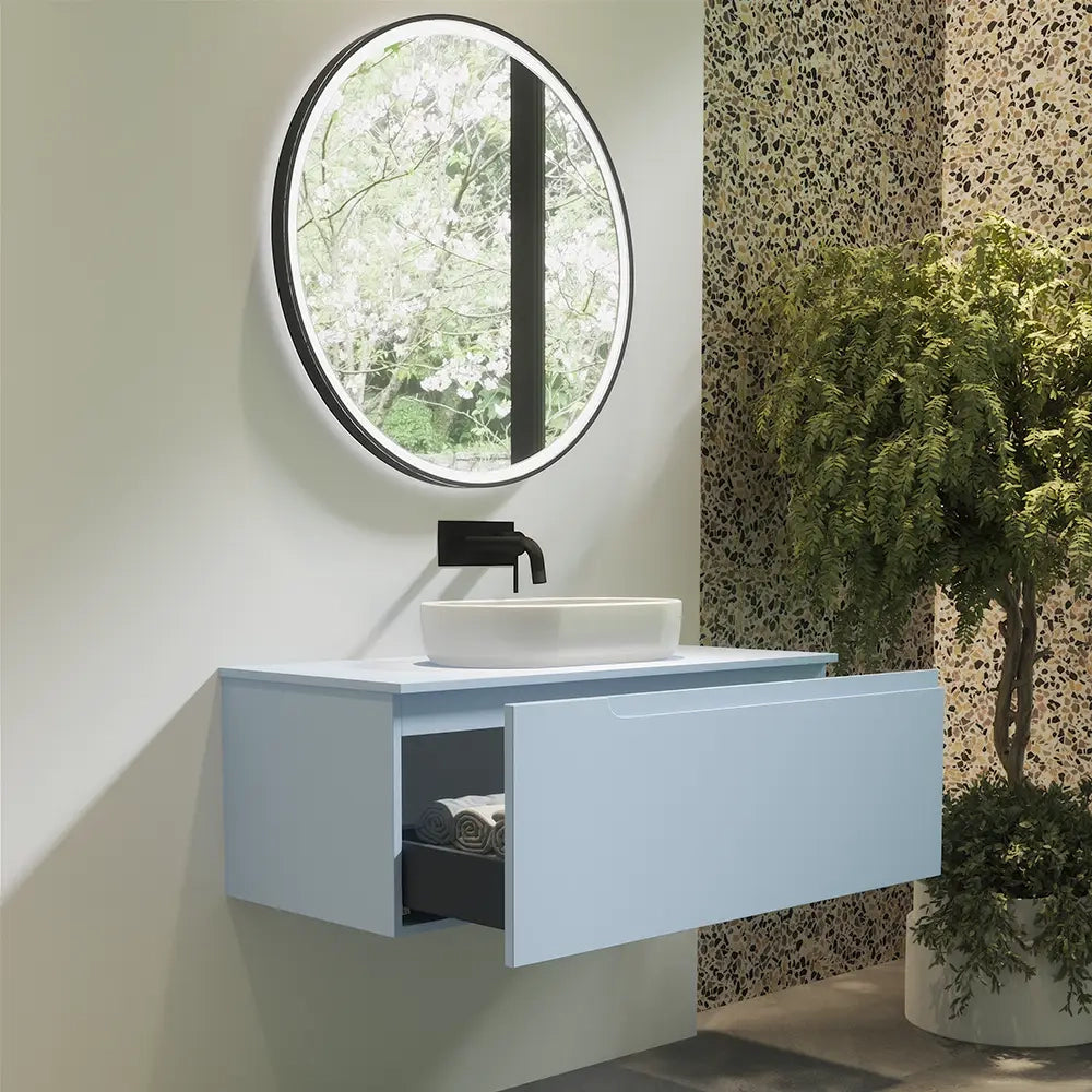 Mobile bagno sospeso 100 cm un cassetto color carta da zucchero con top  | Moor