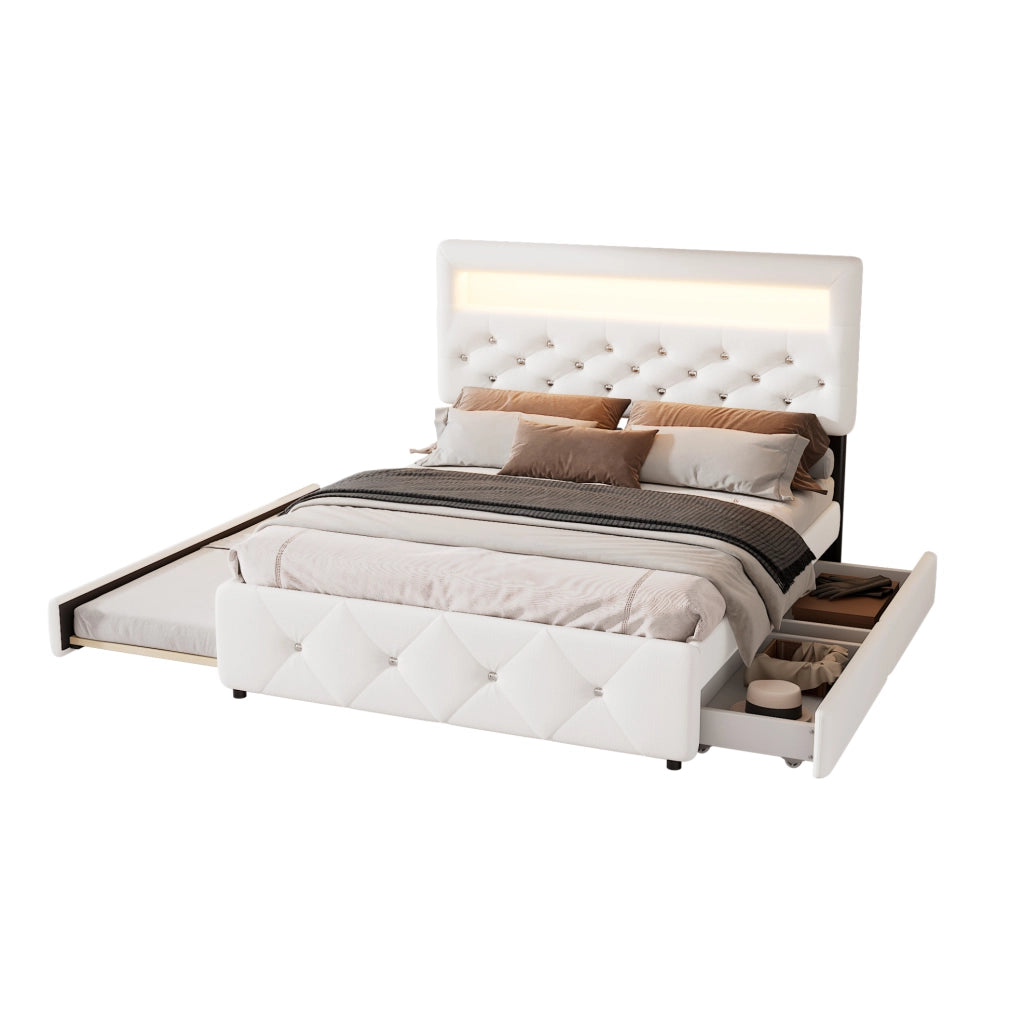Letto matrimoniale 140x200 cm con cassetti e letto estraibile; imbottito; bianco