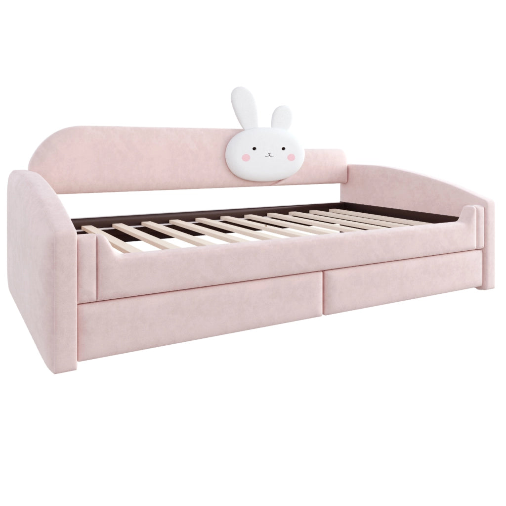 Letto imbottito 90x200 cm con LED e cassetti in velluto rosa