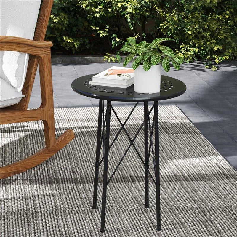TAVOLINO DA GIARDINO CON INTAGLI A FIORI E FOGLIE, TAVOLO DA ESTERNO E INTERNO, Ï40X50 CM, NERO