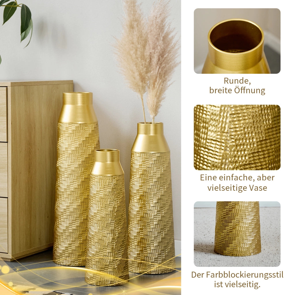 Vaso decorativo da pavimento set di 3 con texture lavorata a mano salvaspazio per interni in metallo oro e bianco