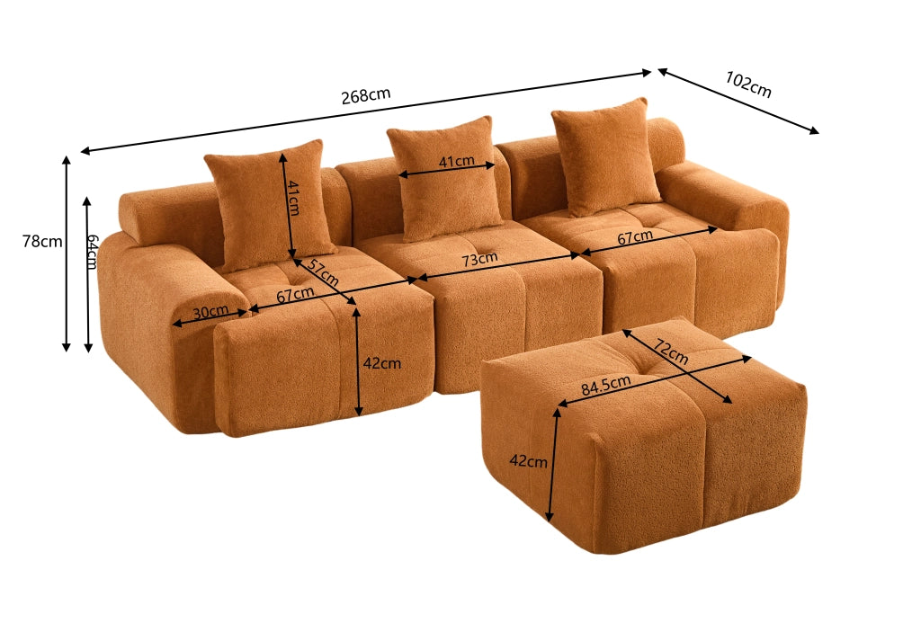 Divano Angolare Modulare con Poggiapiedi ¨C MINIMAL ¨C 3 Posti, Arancione, Memory Foam, 268x102x78 cm