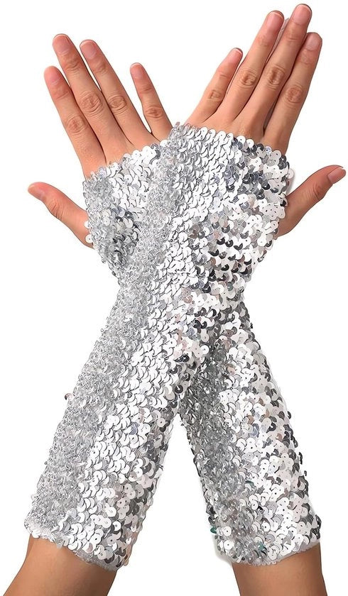 Maniche glitterate senza dita - Maniche lunghe con glitter - Maniche elastiche per danza - Accessori per il palco - Cosplay/Halloween - Maniche confortevoli in tessuto intrecciato