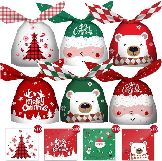 Confezioni di regalo in plastica 60 pezzi - Sacchetti di regalo per Natale - Sacchetti per dolci - Sacchetti in plastica - Confezioni con forma di orecchie di coniglio - 6 diverse forme - Confezioni di regalo