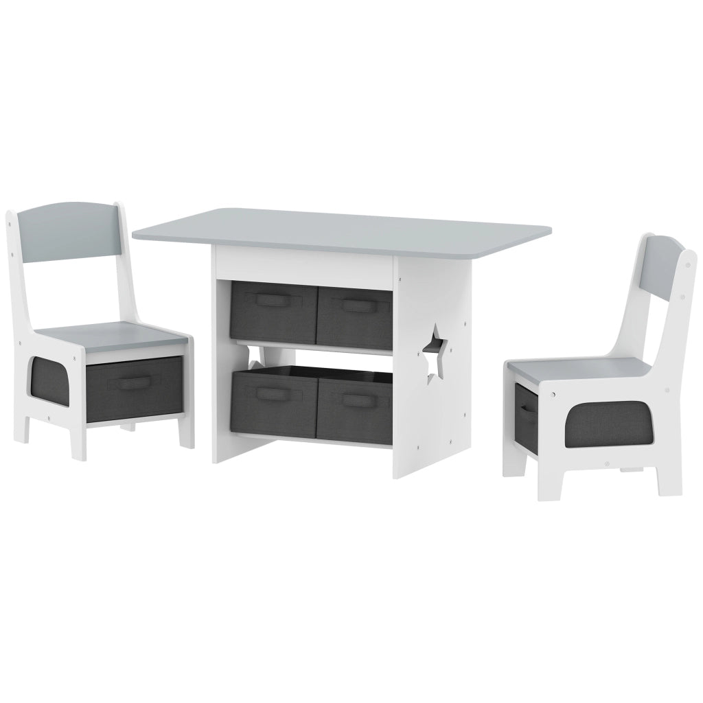 Set Tavolo e Sedie per Bambini 3-8 Anni con 6 Cassetti e Bordi Arrotondati, in Legno e Tessuto, Grigio e Bianco