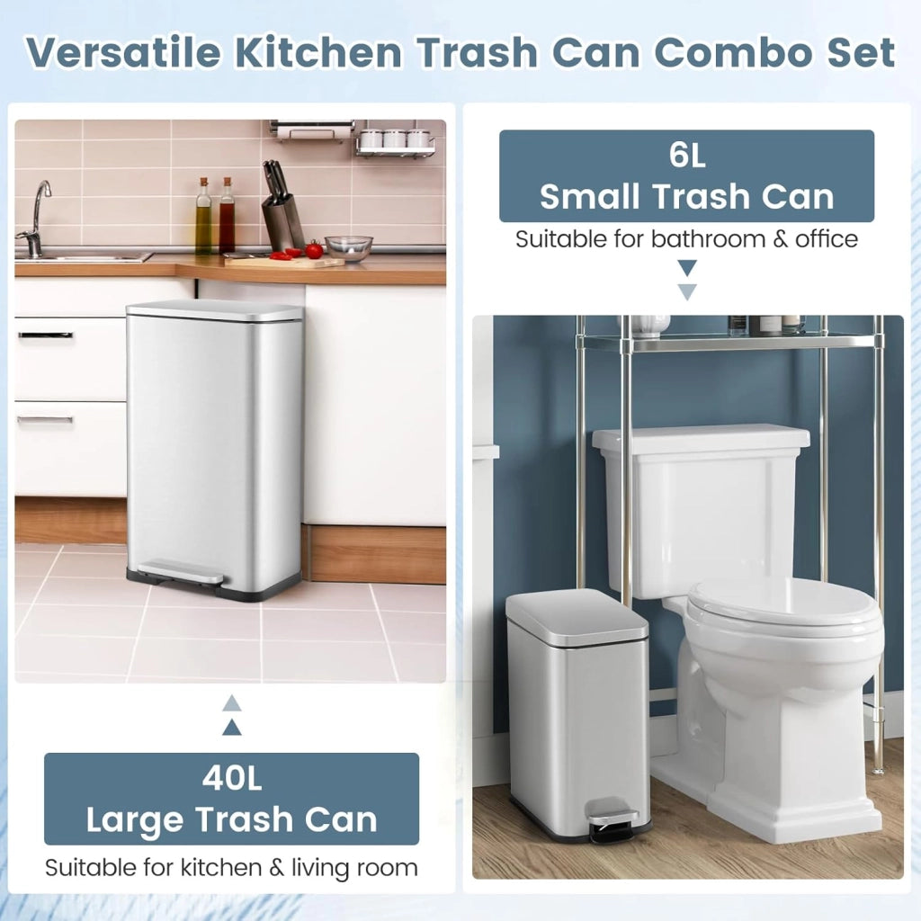 Set di 2 Bidoni per Cucina, 40 L + 6 L, con Coperchio e Pedale per Pedale, Pattumiera a Pedale con Secchio Interno Rimovibile, in Acciaio Inox